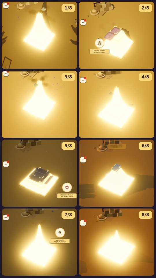 Mastaba — frames from all 8 levels: Menkaure, Djoser, Meidum, golden block, night, sandstorm, Khufu and Sphinx